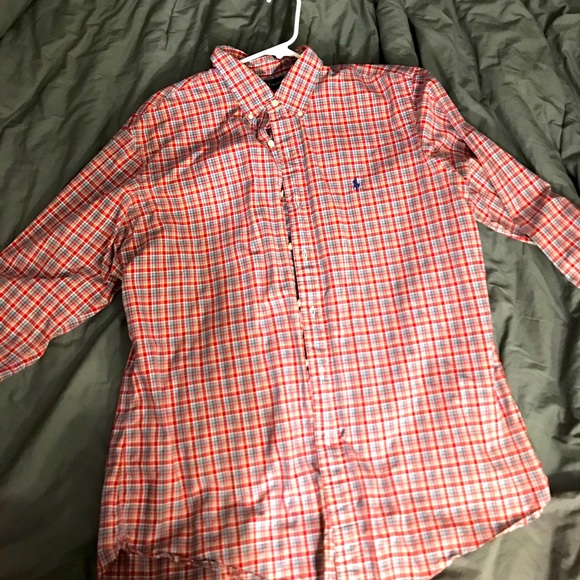 Red patterned button down shirt. - Picture 1 of 2